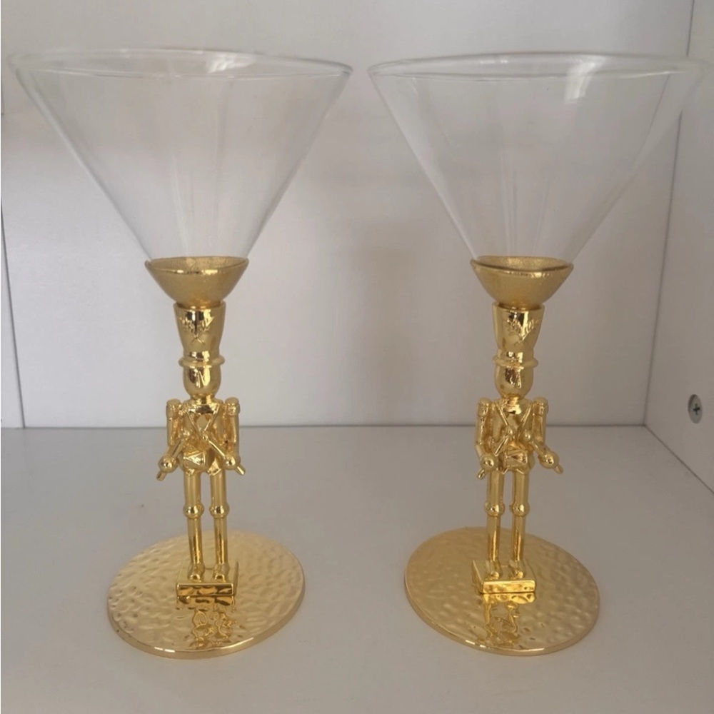 Bright Gold Nutcracker Martini Glasses Holiday Christmas Set of 2